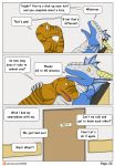  2018 3_fingers 5_fingers anger_vein annoyed anthro biped blue_skin border brown_skin brown_stripes claws comic covering_mouth covering_own_mouth curved_horn dialogue digital_media_(artwork) dinosaur door dragon duo ear_frills embrace english_text frill horn hospital inside kaibo_coldwind larger_anthro larger_male looking_aside looking_at_another looking_at_partner looking_up male marvin_raptor nude nx-3000 open_mouth open_smile patreon raptor ridged_horn scales scalie sharp_teeth size_difference smaller_anthro smaller_male smile speech_bubble striped_body stripes surprise teeth text theropod url western_dragon white_border white_horn white_scales white_skin yellow_eyes 