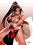  bowalia breasts brown_eyes brown_hair cleavage closed_fan collarbone commentary_request fan fatal_fury fighting_stance fingers_together folding_fan high_ponytail japanese_clothes large_breasts long_hair ninja obi parted_lips pelvic_curtain ponytail revealing_clothes rope sash shiranui_mai the_king_of_fighters thighs 