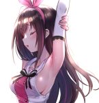 a.i._channel arm_warmers armpits arms_up bare_shoulders blush bow bowtie breasts brown_hair closed_eyes commentary_request highres kizuna_ai large_breasts long_hair medium_breasts multicolored_hair no_bra parted_lips pink_hair pokachu sailor_collar sideboob simple_background streaked_hair stretch two-tone_hair upper_body very_long_hair white_background 