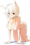  all_fours animal_ears bare_arms bare_legs bare_shoulders barefoot bikini blush breasts cleavage collarbone eyebrows_visible_through_hair hanging_breasts inubashiri_momiji kamukamu_(ars) large_breasts looking_at_viewer nose_blush red_eyes shadow short_hair side-tie_bikini silver_hair simple_background solo swimsuit tail touhou white_background white_bikini wolf_ears wolf_tail 