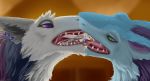  ambiguous_gender anthro avian beak blue_fur ear_piercing feathered_wings feathers feral fur green_eyes group gryphon headshot_portrait kissing lemurlemurovich mammal nude open_mouth piercing portrait purple_eyes sergal size_difference tongue tongue_piercing white_fur wings 