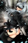  1girl ass black_dress blindfold breasts cosplay dress gloves long_hair manu-chann nier_(series) nier_automata open_mouth panties ponytail rwby shiny shiny_clothes shiny_hair shiny_skin sideboob silver_hair skirt solo thighhighs weiss_schnee yorha_no._2_type_b yorha_no._2_type_b_(cosplay) 