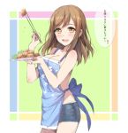  apron bangs bare_arms bare_shoulders blush breasts brown_hair chopsticks cleavage commentary cowboy_shot denim denim_shorts english_commentary eyebrows_visible_through_hair food from_side holding holding_chopsticks holding_food holding_plate karaage kunikida_hanamaru large_breasts light_brown_eyes long_hair looking_at_viewer love_live! love_live!_sunshine!! nearly_naked_apron no_bra parted_lips plate short_shorts shorts smile solo speech_bubble tonee translated 