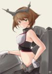  artist_name bangs black_skirt blush breasts brown_hair closed_mouth collar flipped_hair from_side gloves green_eyes grey_background groin hand_on_hip hazuki_futahi headgear kantai_collection looking_at_viewer medium_breasts metal_belt midriff mutsu_(kantai_collection) navel pleated_skirt short_hair simple_background skirt smokestack solo turret upper_body white_gloves 