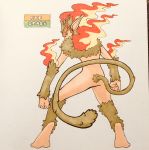  2018 5_fingers alternate_color alternate_species ambiguous_gender anthro arm_tuft athletic biped branch english_text fak&eacute;mon fire firefightdex fist flaming_hair flora_fauna full-length_portrait fur green_fur green_tail hair hatching_(technique) hi_res humanoid_hands infernape leaf leg_tuft long_tail looking_at_viewer looking_back mammal marker_(artwork) mfanjul mixed_media neck_tuft nintendo nude pen_(artwork) plant plantigrade pok&eacute;mon pok&eacute;mon_(species) portrait primate raised_heel rear_view red_eyes shadow simple_background solo standing tan_skin text toony traditional_media_(artwork) tuft video_games white_background yellow_sclera 