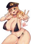  1girl areola_slip areolae bikini black_bikini blonde_hair blush boku_no_hero_academia breasts cleavage curvy hat huge_breasts long_hair looking_at_viewer open_mouth osiimi shiny shiny_skin smile solo swimsuit thick_thighs thighs utsushimi_kemii wide_hips yellow_eyes 