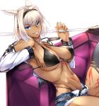  animal_ears bangs belt bikini bikini_bottom bikini_top bikini_under_clothes black_bikini_top blue_eyes bra breasts caenis_(fate) cleavage commentary_request couch dark_skin denim denim_shorts eyebrows_visible_through_hair fate/grand_order fate_(series) grin hair_intakes hairband highleg highleg_bikini highleg_swimsuit highres jacket jewelry large_breasts long_hair looking_at_viewer nail_polish navel necklace polearm reclining shimeno_puni shorts simple_background smile solo studded_belt studded_jacket swimsuit tattoo thighhighs thong torn_clothes torn_legwear underwear weapon white_background white_hair white_jacket white_nails 