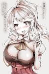  achilles_(azur_lane) ascot azur_lane blush breasts check_translation cleavage commentary_request condom condom_packet_strip condom_wrapper covered_nipples dycehuumi fang highres large_breasts looking_back monochrome open_mouth ponytail remodel_(azur_lane) simple_background solo translation_request upper_body 