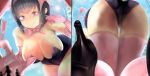 1girl alicemagic all_fours ass black_hair blush breasts bunny_girl city cleavage floves from_behind from_below giantess large_breasts naughty_face purple_eyes reaching_out short_hair size_difference smile stockings thighhighs 