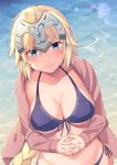  bikini blonde_hair blue_eyes braid breasts cleavage collarbone fate/apocrypha fate_(series) front-tie_bikini front-tie_top headpiece highres hood hoodie jeanne_d'arc_(fate) jeanne_d'arc_(fate)_(all) large_breasts long_hair navel nuko_(mikupantu) side-tie_bikini smile solo swimsuit very_long_hair water 