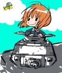  bird blue_sky charles_schulz_(style) closed_eyes cloud crossover day dot_nose enter_enter_mission! girls_und_panzer ground_vehicle helmet lenny-tree light_brown_hair long_sleeves looking_at_another military military_uniform military_vehicle motor_vehicle nishizumi_miho on_vehicle ooarai_military_uniform outdoors parody peanuts short_hair sky smile style_parody tank uniform wind woodstock 