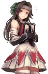  3: bare_shoulders black_gloves blush brown_eyes brown_hair closed_mouth cowboy_shot dress elbow_gloves embarrassed fairy_(kantai_collection) flying_sweatdrops frilled_skirt frills giantess gloves green_headband hair_intakes hands_on_own_stomach headband jintsuu_(kantai_collection) kantai_collection long_hair looking_at_viewer minigirl multiple_girls orange_dress remodel_(kantai_collection) sailor_collar sarashi school_uniform serafuku simple_background size_difference skirt solo_focus thighhighs utopia white_background white_legwear 