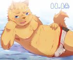  2015 anthro bed_sheet bedding big_dick_day blue_eyes blush bulge canine clothed clothing dog erection erection_under_clothes halu_1129 lying male mammal open_mouth penis_outline slightly_chubby solo topless 