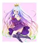  ass bare_shoulders black_legwear blonde_hair blue_hair border brown_eyes chess_piece clenched_hand crown from_behind green_hair hair_between_eyes hand_to_own_mouth holding kneeling long_hair long_sleeves looking_back loose_thighhigh multicolored_hair no_game_no_life no_shoes off_shoulder outside_border panties parted_lips pink_background pink_hair purple_hair purple_shirt purple_skirt school_uniform serafuku shiro_(no_game_no_life) shirt side_ponytail silhouette skirt solo striped striped_panties summer-d_(dodojune) thighhigh_dangle thighhighs thighhighs_pull triangle_mouth underwear very_long_hair 