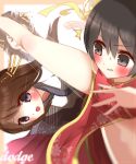  2girls :d afterimage bangs black_eyes black_hair blurry blurry_foreground blush breasts brown_hair bun_cover china_dress chinese_clothes commentary_request depth_of_field dodging dress eyebrows_visible_through_hair hair_between_eyes hair_ornament highres japanese_clothes kicking kimono long_hair medium_breasts multiple_girls non_(wednesday-classic) open_mouth original parted_lips pelvic_curtain purple_eyes red_dress ribbon_trim smile standing standing_on_one_leg sweat v-shaped_eyebrows very_long_hair white_kimono 
