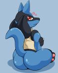  ambiguous_gender blush butt canine dog fur jackal looking_at_viewer lucario male mammal nintendo nude pawpads pok&eacute;mon pok&eacute;mon_(species) red_eyes sagemerric simple_background solo video_games 