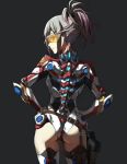  armor ass black_background closed_mouth commentary contrapposto exoskeleton goggles gradient_hair grey_hair gun handgun hands_on_hips holster looking_at_viewer looking_back multicolored_hair original pink_hair pistol ponytail short_hair simple_background smile solo standing thighhighs tonee weapon 