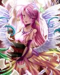  :d angel_wings book breasts commentary crop_top cross feathered_wings feathers gloves gradient_hair halo holding holding_book jibril_(no_game_no_life) large_breasts long_hair low_wings magic_circle midriff multicolored multicolored_eyes multicolored_hair no_game_no_life open_mouth paper pink_hair purple_eyes sideboob single_thighhigh smile solo symbol-shaped_pupils tattoo thighhighs very_long_hair wani_(fadgrith) white_wings wing_ears wings yellow_eyes 