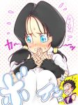  1boy 1girl black_hair blue_eyes blush breasts dragon_ball dragonball_z erect_nipples gloves nipples son_gohan translation_request twintails videl 