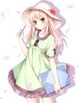  blonde_hair blush brown_eyes collarbone dress eyebrows_visible_through_hair green_dress hair_between_eyes hat head_tilt holding holding_pencil long_hair parted_lips pencil petals sakura-sou_no_pet_na_kanojo shiina_mashiro short_sleeves silhouette sketchbook solo summer-d_(dodojune) white_background 