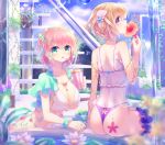  ass babydoll bendy_straw bikini blonde_hair breasts choker cleavage day drink drinking_straw flower from_behind green_eyes hair_ornament highres jewelry large_breasts leg_garter looking_at_viewer looking_back multiple_girls necklace original purple_eyes sakakidani see-through short_hair sitting smile swimsuit swimsuit_under_clothes water 