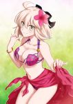  ahoge bikini blonde_hair bow breasts cleavage commentary_request cosplay fate/grand_order fate_(series) flower hair_bow hair_flower hair_ornament hibiscus large_breasts navel nina_(pastime) okita_souji_(fate) okita_souji_(fate)_(all) pink_bikini sarong scathach_(fate)_(all) scathach_(swimsuit_assassin)_(fate) scathach_(swimsuit_assassin)_(fate)_(cosplay) short_hair skirt skirt_lift smile solo sparkle swimsuit yellow_eyes 