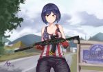  ak-47 alternate_costume american_flag_shirt assault_rifle bad_id bad_pixiv_id bare_shoulders black_bra black_pants blue_hair bra breasts cleavage cowboy_shot day far_cry_5 gloves gun looking_at_viewer medium_breasts nijisanji outdoors pants red_gloves rifle scope shiunnkaku shizuka_rin short_hair signature smile solo suppressor tank_top trigger_discipline underwear virtual_youtuber weapon yellow_eyes 