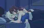  artist_name bed blanket blush closed_eyes commentary diana_cavendish english_commentary kagari_atsuko kiss little_witch_academia multiple_girls neck_kiss pillow sleeping ticcy yuri 