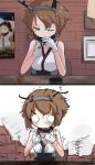  2koma ashtray bar bare_shoulders blurry blurry_background brown_hair cigarette collar comic constricted_pupils cup dirty_clothes dirty_face drinking_glass gloves green_eyes headgear holding holding_cigarette indoors kakizaki_(chou_neji) kantai_collection lighter messy_hair mouth_hold multiple_girls mutsu_(kantai_collection) one_eye_closed picture_frame shirt short_hair shot_glass smoke torn_clothes white_gloves white_shirt 