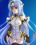  android bare_shoulders blue_hair breasts commentary_request cyborg elbow_gloves expressionless forehead_protector gloves highleg kos-mos leotard long_hair panties pantyshot red_eyes saikachi_(ogre_tree) solo standing thighhighs underwear upskirt very_long_hair xenosaga xenosaga_episode_i 