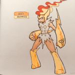  2018 4_fingers alternate_color ambiguous_gender anthro armor athletic belt biped boots clothing crown english_text fak&eacute;mon fire firefightdex fist flaming_hair footwear front_view frown full-length_portrait fur gauntlets gloves glowing glowing_markings gold_(metal) hair hatching_(technique) hi_res infernape looking_at_viewer mammal marker_(artwork) markings mfanjul mixed_media mostly_nude multicolored_fur nintendo pen_(artwork) pok&eacute;mon pok&eacute;mon_(species) portrait primate red_eyes shadow simple_background solo spread_legs spreading standing tan_fur text thigh_boots toony traditional_media_(artwork) two_tone_fur video_games white_background white_fur wide_stance 