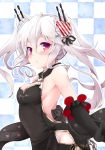  azur_lane bangs bare_shoulders black_dress black_gloves blush breasts checkered checkered_background closed_mouth commentary_request dress elbow_gloves eyebrows_visible_through_hair gloves hair_between_eyes hair_ornament heart heart_hair_ornament long_hair looking_at_viewer looking_to_the_side medium_breasts noa_(nagareboshi) red_eyes silver_hair sleeveless sleeveless_dress solo vampire_(azur_lane) very_long_hair 