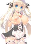  blue_eyes blush breasts cleavage commentary_request cream dress food frilled_dress frills fruit highres large_breasts long_hair looking_at_viewer maid maid_headdress mutsuno_hekisa nipples open_mouth original sleeveless strawberry thighhighs twintails 