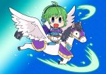 arm_up armor belt belt_pouch blue_eyes blue_gloves boots breastplate cape chibi fingerless_gloves fire_emblem fire_emblem:_rekka_no_ken fire_emblem_heroes flyer_27 gloves green_hair hairband miniskirt nino_(fire_emblem) open_mouth pegasus pegasus_knight pouch riding short_hair shoulder_armor skirt solo thigh_boots thighhighs white_skirt 