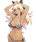  armpits arms_up bikini blue_eyes bow breasts bright_pupils cleavage commentary_request cozy dark_skin eyebrows_visible_through_hair front-tie_bikini front-tie_top hair_bow halterneck highres large_breasts long_hair looking_at_viewer navel original parted_lips platinum_blonde_hair side-tie_bikini simple_background solo string_bikini striped striped_bikini swimsuit white_background 