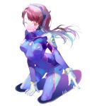  blue_bodysuit bodysuit bright_pupils brown_hair commentary_request d.va_(overwatch) facial_mark floating_hair gloves headphones long_hair looking_at_viewer one_eye_closed orange_eyes overwatch parted_lips signature smile solo white_gloves yamakawa 