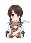  bangs blue_sailor_collar blush brown_eyes brown_hair hoshino_kagari kantai_collection low_twintails parted_bangs sailor_collar school_uniform serafuku shirayuki_(kantai_collection) short_twintails simple_background smile solo stuffed_animal stuffed_toy teddy_bear twintails twitter_username upper_body white_background 