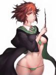  bikini breasts brown_hair cameltoe fumio_(rsqkr) green_bikini harry_potter harry_potter:_hogwarts_mystery hips leaf looking_at_viewer merula_snyde multicolored_hair navel necktie orange_hair red_eyes short_hair solo swimsuit thick_eyebrows thighs underboob wand white_background wide_hips 