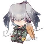  alternate_costume bangs bird_wings black_hair camouflage camouflage_hoodie character_name chibi closed_mouth commentary_request crossed_arms eyebrows_visible_through_hair green_eyes grey_hair hair_between_eyes head_wings hood hood_down hoodie japari_symbol kemono_friends long_hair looking_afar low_ponytail meguri_uguisu multicolored_hair orange_hair ringed_eyes shoebill_(kemono_friends) side_ponytail simple_background solo sound_effects upper_body v-shaped_eyebrows white_background wings 