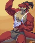  2018 5_fingers abs anthro biceps black_sclera bulge clothed clothing clothing_lift dragon ear_piercing feralise glowing glowing_eyes grey_skin horn looking_aside male multicolored_skin muscular muscular_male muscular_thighs nipples piercing red_skin scalie sharp_teeth shirt shirt_lift simple_background sitting snout solo tan_background tank_top teeth two_tone_skin underwear western_dragon yellow_eyes 