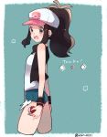  :d bare_shoulders baseball_cap black_vest blue_eyes blue_shorts brown_hair character_name cowboy_shot cropped_legs cutoffs exposed_pocket hat highres holding holding_poke_ball long_sleeves open_clothes open_mouth open_vest poke_ball poke_ball_(generic) pokemon pokemon_(game) pokemon_bw ponytail ririmon shirt short_shorts shorts sidelocks smile solo star teeth touko_(pokemon) twitter_username vest white_hat white_shirt wristband 