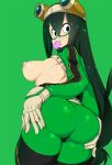  :&gt; ass ass_grab ass_support asui_tsuyu bad_id bad_twitter_id bangs belt black_eyes bodysuit boku_no_hero_academia breasts breasts_outside closed_mouth condom condom_in_mouth condom_wrapper cowboy_shot deep_skin eyebrows_visible_through_hair eyes_visible_through_hair frog_girl from_behind gloves goggles goggles_on_head green green_background green_bodysuit grey_gloves hair_between_eyes hair_rings highres impossible_bodysuit impossible_clothes legs_together long_hair looking_at_viewer looking_back low-tied_long_hair medium_breasts mouth_hold nipples parted_bangs perky_breasts puffy_nipples shiny shiny_clothes shiny_hair shiny_skin sidelocks simple_background skin_tight slugbox solo spread_ass standing straight_hair studded_belt thighs turtleneck very_long_hair wet wet_clothes 
