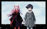  1girl black_cloak black_hair blue_eyes cloak coat couple darling_in_the_franxx findoworld fur_trim green_eyes grey_coat hetero highres hiro_(darling_in_the_franxx) holding hood hooded_cloak horns long_hair looking_at_viewer no_lineart oni_horns parka pink_hair red_horns red_pupils red_sclera red_skin signature spoilers tears winter_clothes winter_coat younger zero_two_(darling_in_the_franxx) 