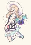  bag blonde_hair braid commentary_request cosmog dress duffel_bag from_side gen_7_pokemon green_eyes hat highres lillie_(pokemon) long_hair open_mouth poke_ball_theme pokemon pokemon_(creature) pokemon_(game) pokemon_sm simple_background sleeveless sleeveless_dress sparkle sun_hat twin_braids white_background white_dress white_hat yukky01p 