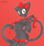  2018 anthro belt_buckle bodysuit bow breasts buckle cat clothed clothing collar feline female hair_bow hair_ribbon hello_kitty hello_kitty_(character) hi_res long_tail looking_at_viewer mammal red_background ribbons rubber rubber_suit sanrio signature simple_background skinsuit solo tight_clothing whip whygena 