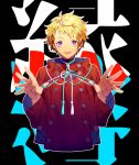  blonde_hair bright_pupils commentary_request copyright_request hands_up jacket long_sleeves looking_at_viewer male_focus parted_lips purple_eyes red_jacket ribbon smile solo upper_body yamakawa 