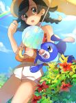  bangs bare_arms bare_shoulders black_eyes black_hair blue_sky braid cloud day flower gen_7_pokemon hair_flaps hand_up hat hibiscus_print highres holding holding_umbrella mizuki_(pokemon) orange_shirt pikachu pokemon pokemon_(creature) pokemon_(game) pokemon_usum popplio puffy_shorts rainbow red_flower ririmon shirt shorts sky swept_bangs tank_top teeth twin_braids twitter_username umbrella white_shorts yellow_umbrella 