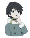  bad_source bangs black_hair blue_eyes coat collar darling_in_the_franxx findoworld finger_to_face fur_trim grey_coat hiro_(darling_in_the_franxx) looking_at_viewer male_focus signature solo sweatdrop winter_clothes winter_coat younger 