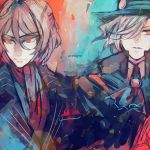  antonio_salieri_(fate/grand_order) ascot ayase_rei commentary_request edmond_dantes_(fate/grand_order) fate/grand_order fate_(series) fedora formal gloves hair_over_one_eye hat multiple_boys pinstripe_suit red_eyes silver_hair striped suit wavy_hair white_hair yellow_eyes 