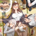  3girls alcohol bird black_hair blush bottle breasts brown_hair can capybara cat drunk duck finch highres kitazawa_(embers) large_breasts long_hair lying multiple_girls on_back open_mouth original sake_bottle seiza shirt short_hair silver_hair sitting sleeping tatami turtle watch white_shirt wristwatch 